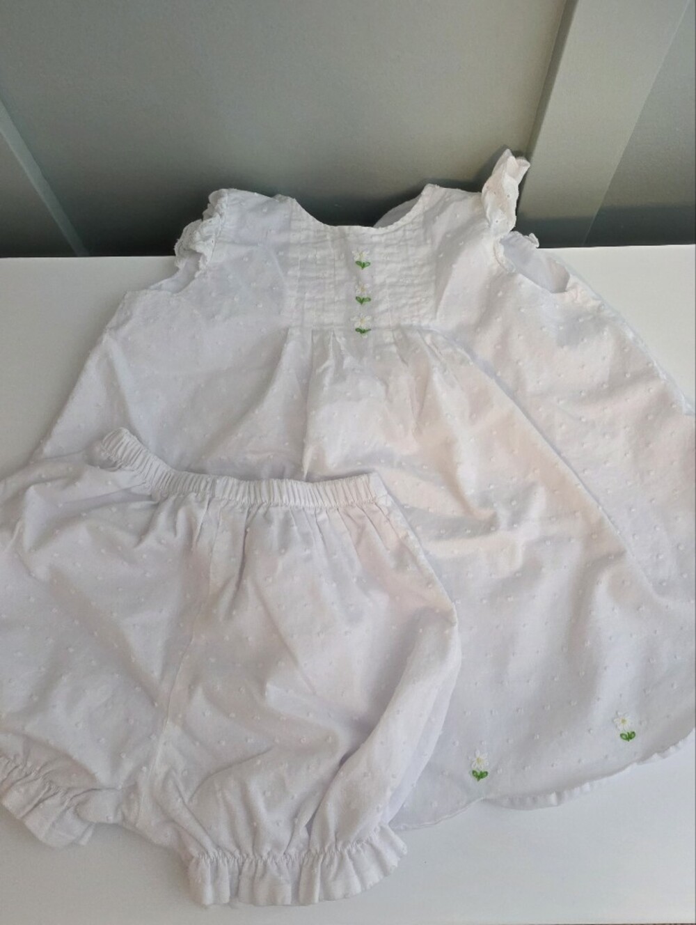 The Proper Peony 4t White Girls' Eyelet Matching Set w/ Green Accent Outfit Set